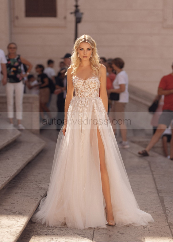 Strapless Sweetheart Ivory Lace Tulle Slit Sexy Wedding Dress Strapless Sweetheart Ivory Lace Tulle Slit Sexy Wedding Dress